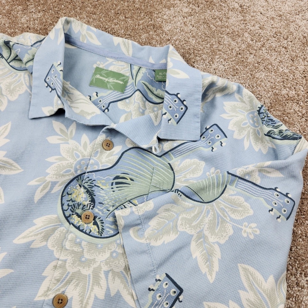 Tommy Bahama Mens XL AOP Silk Hawaiian Shirt‎ Blue Guitar Floral Aloha Tropical